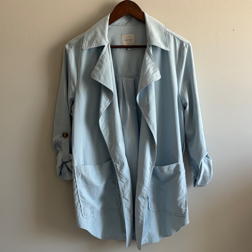 Light Blue Open Front Trench Jacket - Love Tree